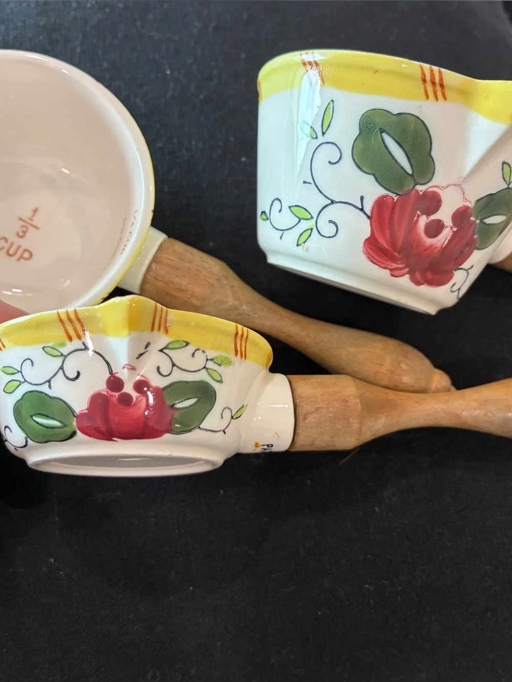 Vintage Hand-Painted Ceramic Measuring Cups with Wood Handles - Set of 3